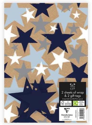 Kraft Blue Stars Wrap (2 Sheets, 2 Tags)